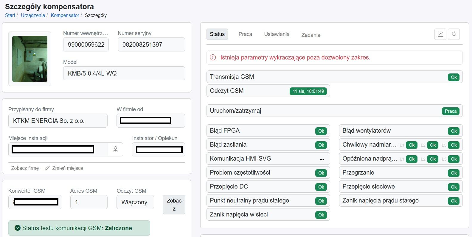 Panel szczegółów kompensatora MZK